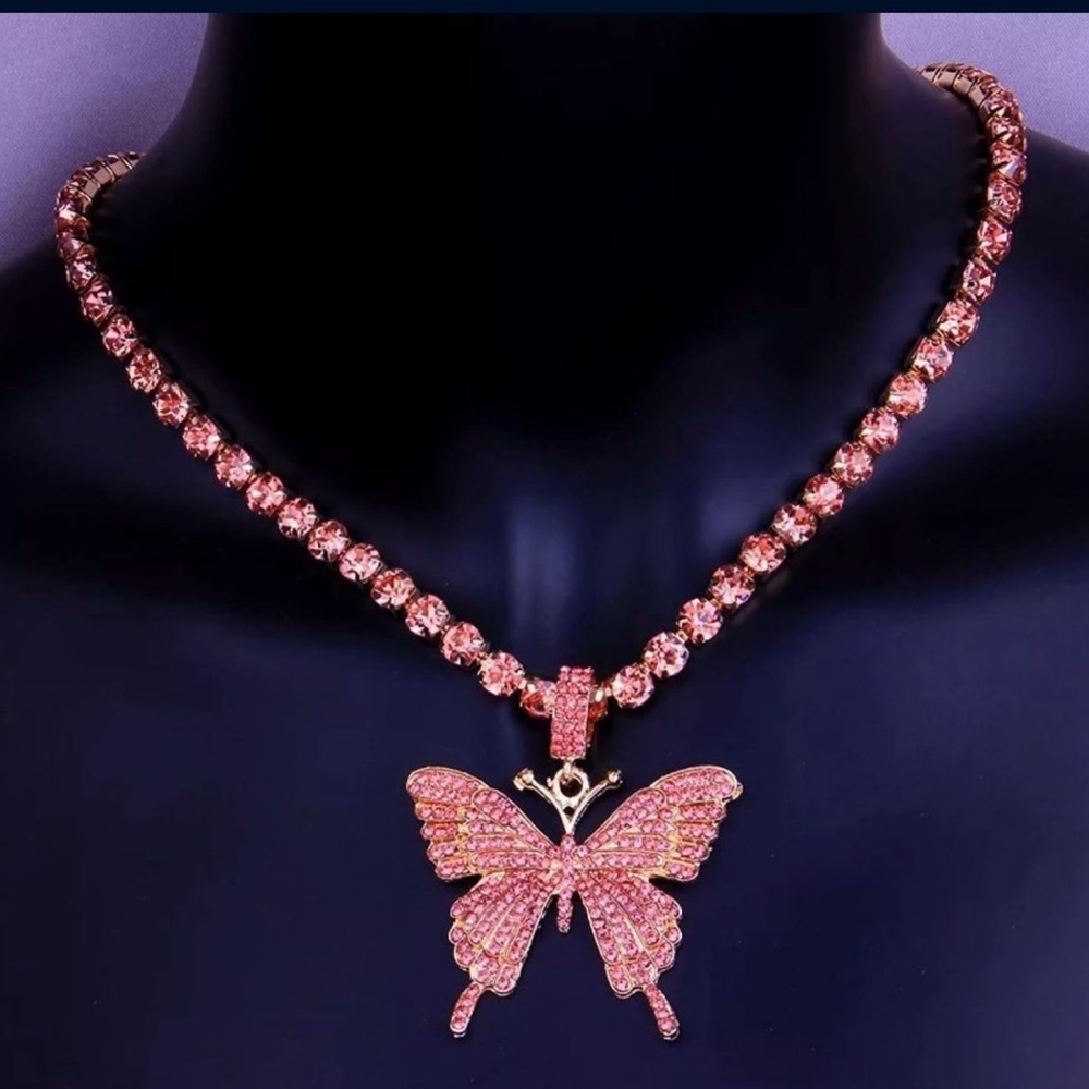 Pink Butterfly Rhinestone Necklace